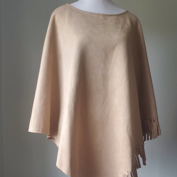 Southwestern Fall Poncho Women's Size XL Fringed Trim Neutral Faux Suede Boho - Picture 9 of 13